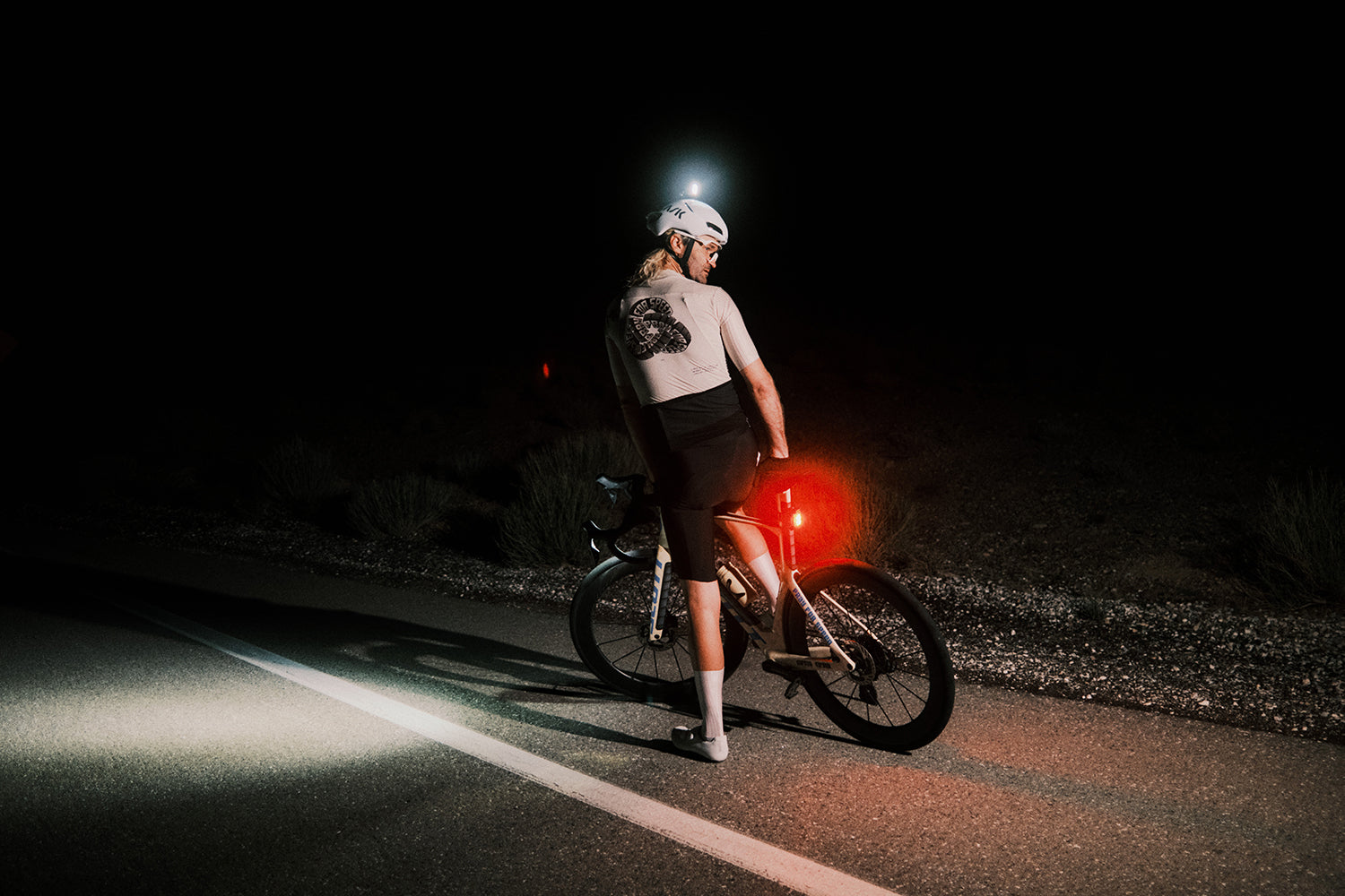 Lezyne and SAFA Brian at Death Valley, pushing the limits of midnight cycling with help of high-performance LED front and rear bike lights.
