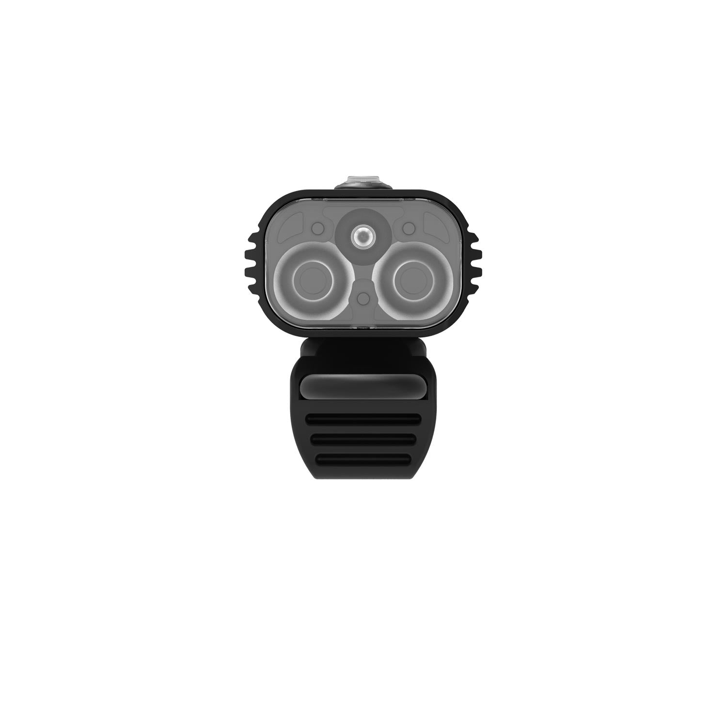 Front view of MACRO DRIVE 1400+ front LED bike light showcasing super LEDs with a powerful 1400-lumen output for safe night cycling.