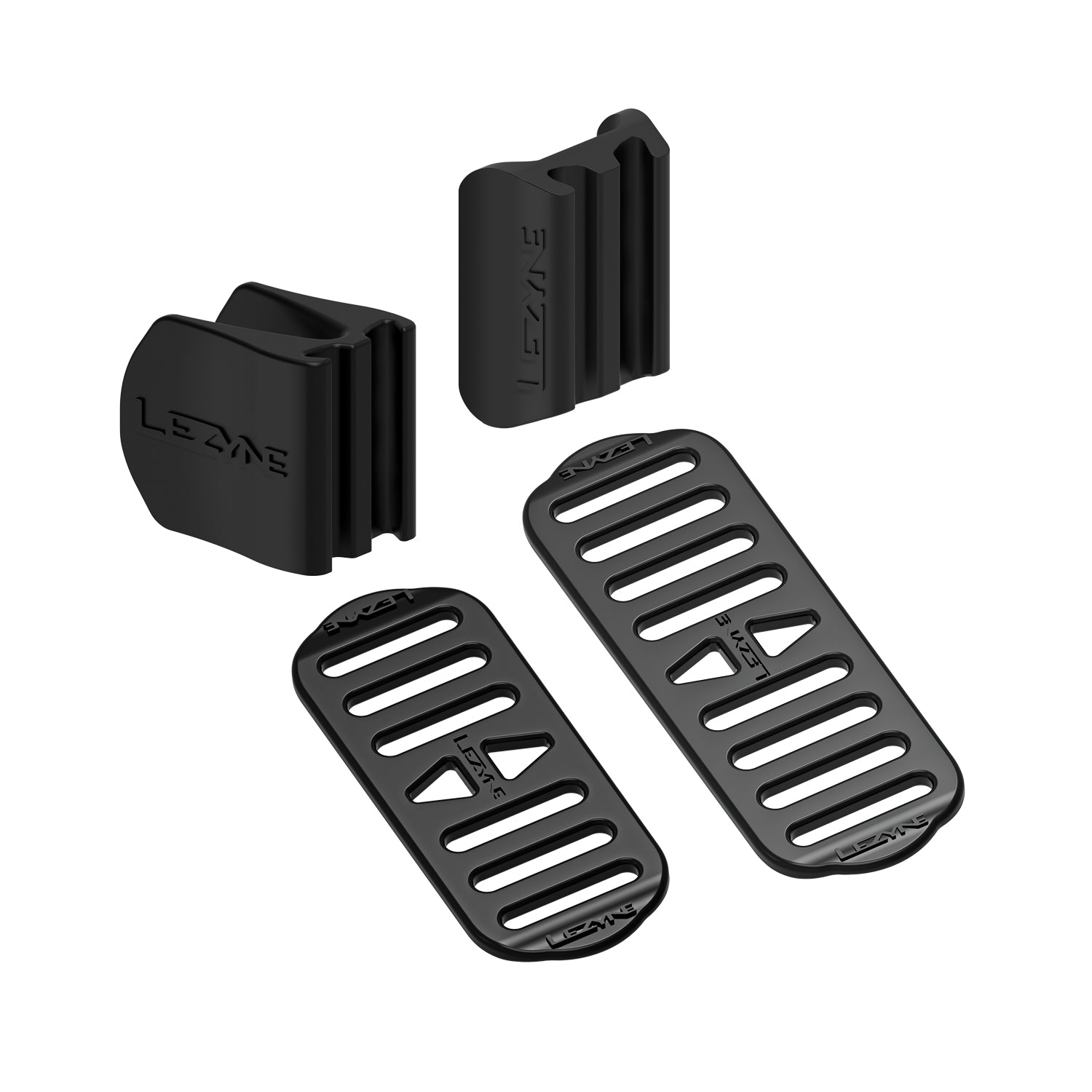 Lezyne Seatpost Adapter Kit with D-Shape and Aero adapters plus mounting straps for Strip Drive and Radar Drive LED rear bike lights.