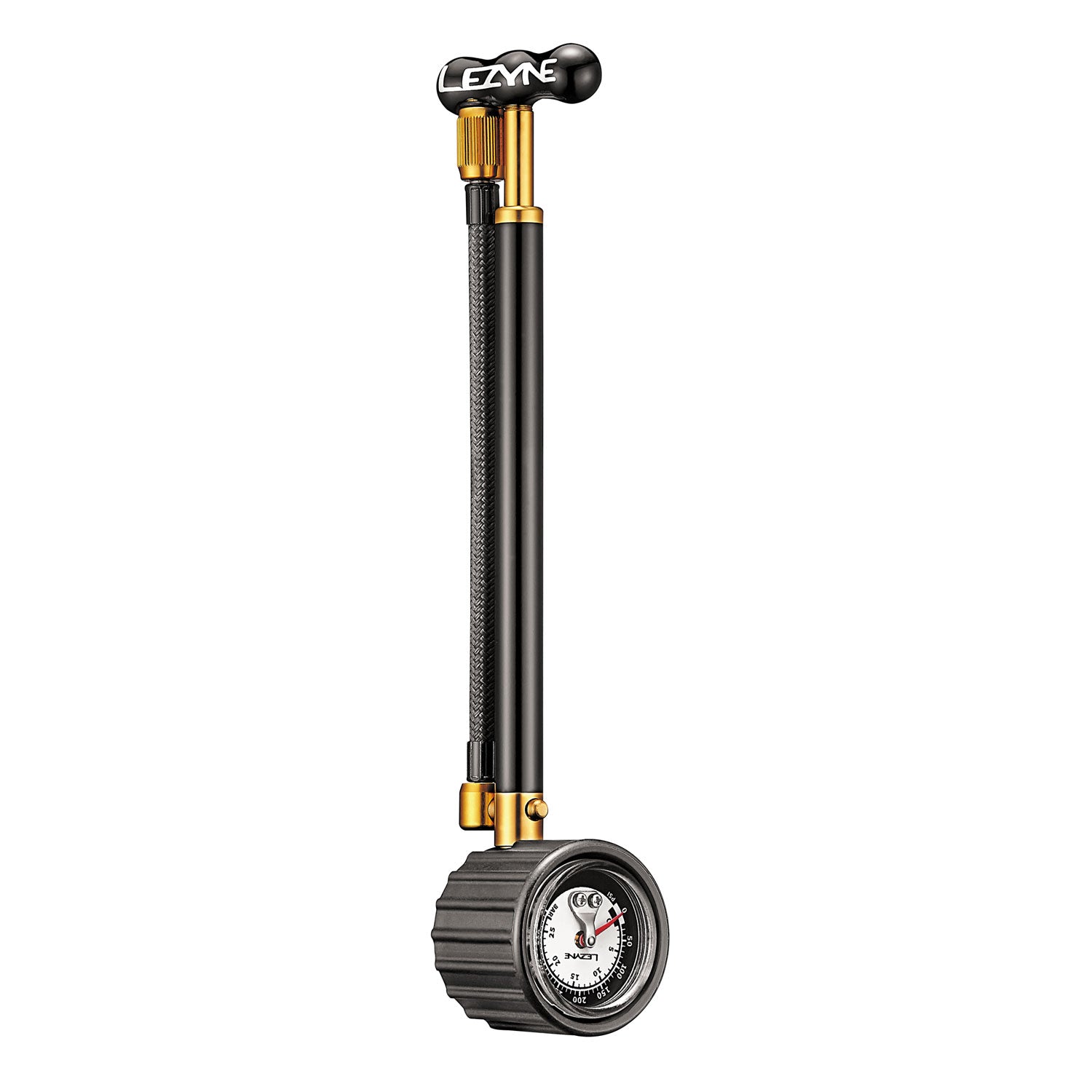 Lezyne Shock Drive precision mountain bike shock pump with CNC-machined aluminum construction and 400 PSI capacity for efficient inflation.