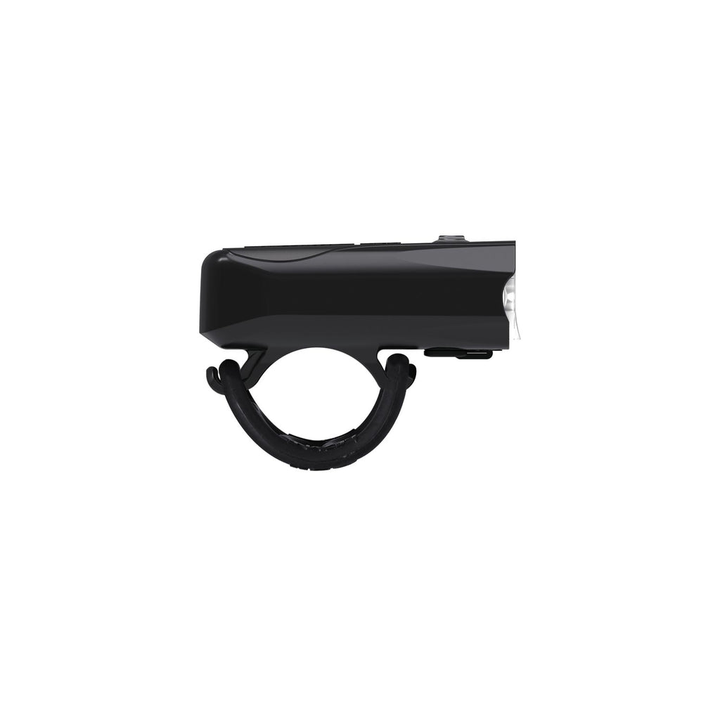 Side view of Lezyne KTV Drive Pro 300+ LED front bike light with mount strap and durable co-molded construction.