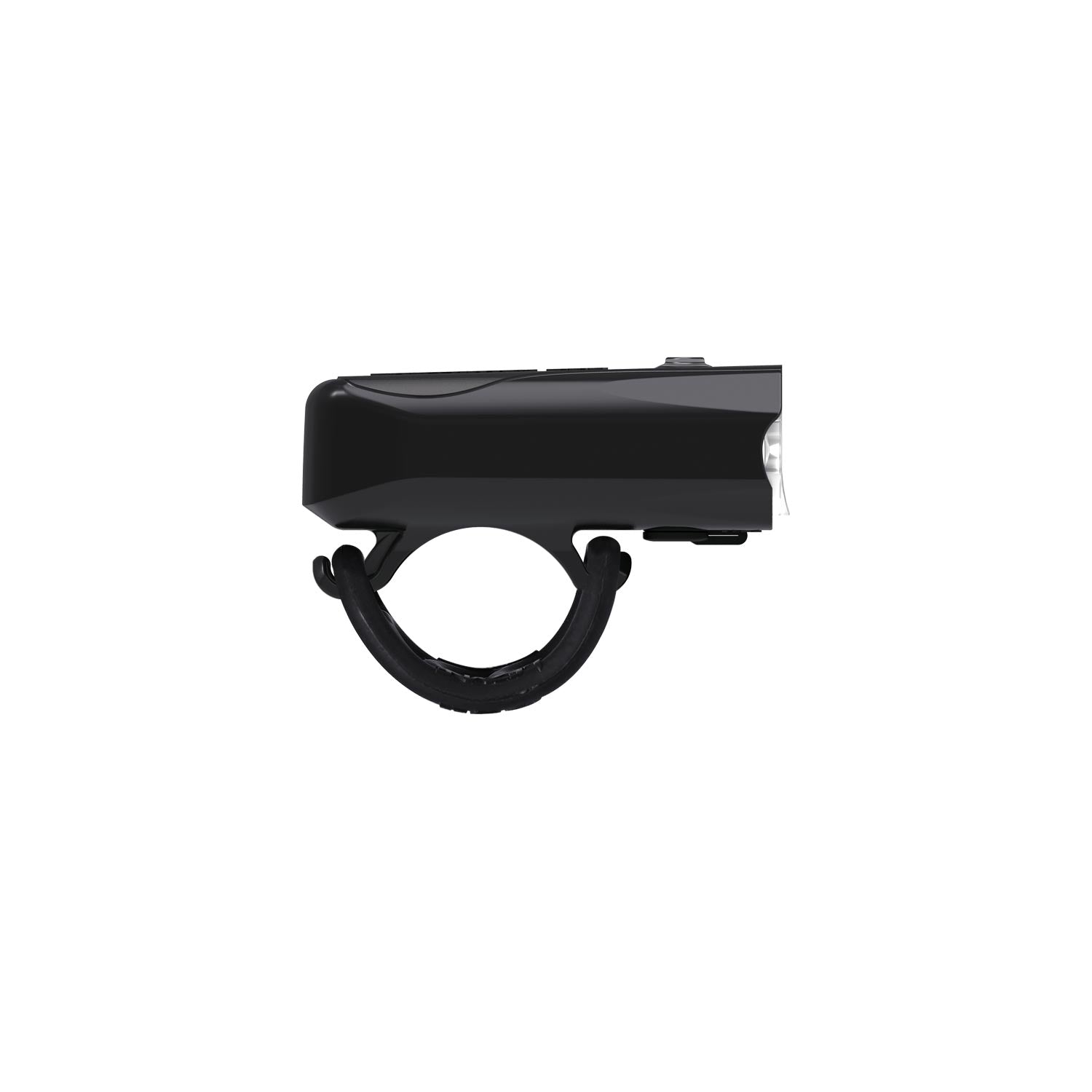Side view of Lezyne KTV Drive Pro 300+ LED front bike light with mount strap and durable co-molded construction.