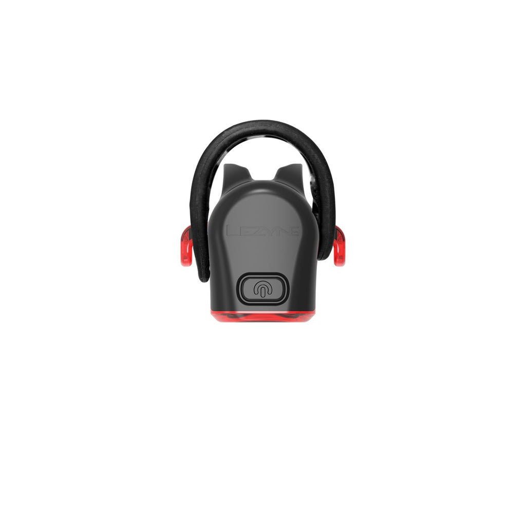 Top view of STRIP DRIVE 300+ REAR LED bike light, showcasing the power button, strap, and durable co-molded construction.