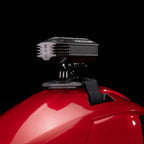 Rear studio shot of the Lezyne Helmet Fusion Drive 500+ mounted on a red helmet