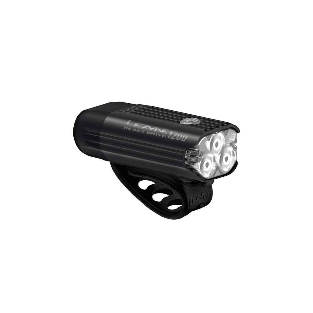 Lezyne React Drive LED front bike light product image; compact body with side cutouts, USB-C port and secure handlebar mount.