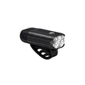 Lezyne React Drive LED front bike light product image; compact body with side cutouts, USB-C port and secure handlebar mount.