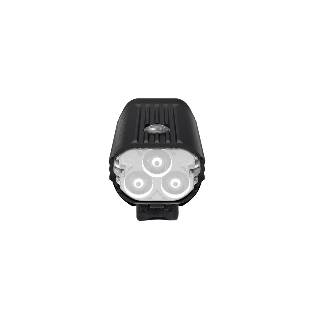 Lezyne React Drive LED front bike light front view; LEDs and engineered lens highlighted for a bright, focused beam and day flash.