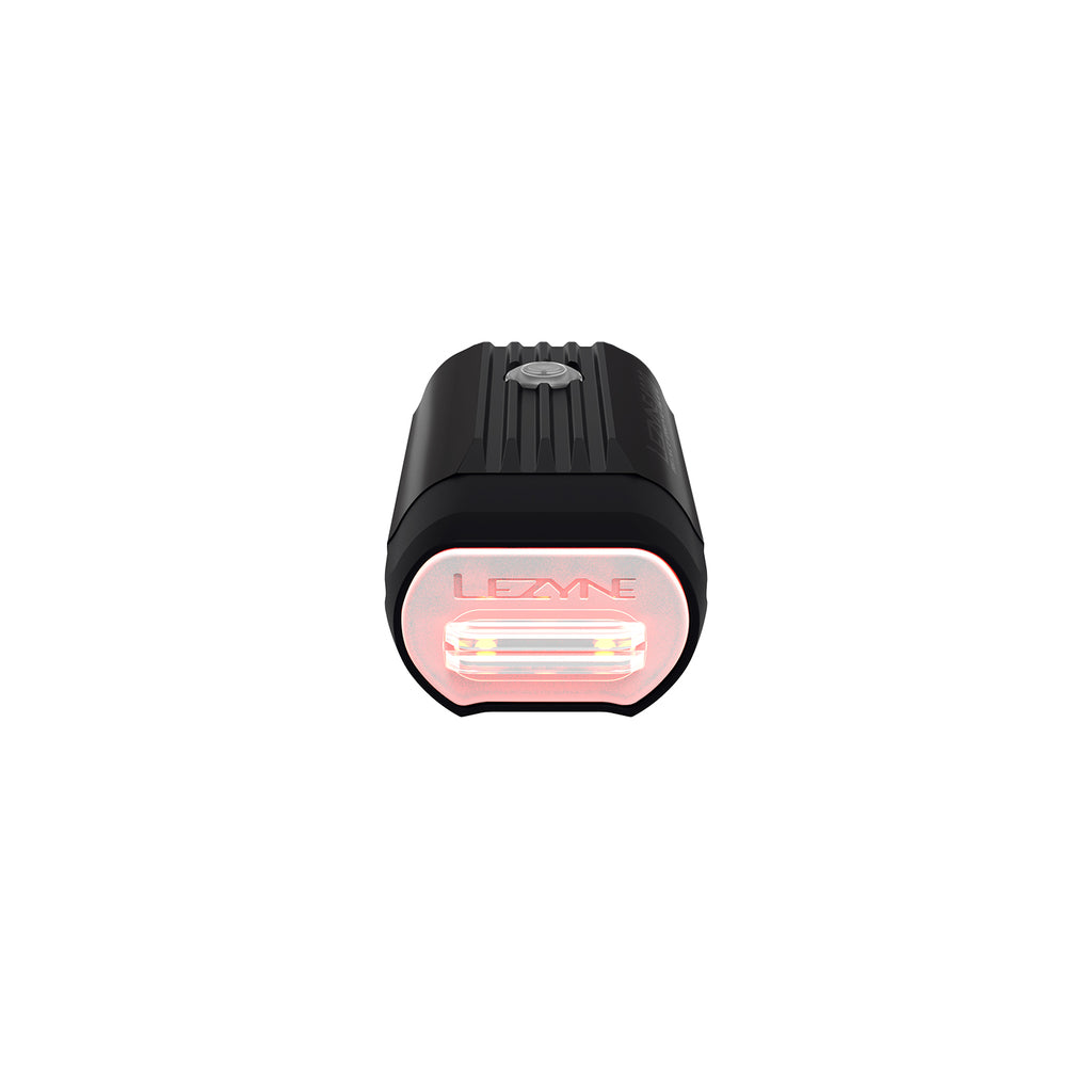 Lezyne React Drive LED front bike light rear view; red vehicle-alert LEDs illuminated, indicating upcoming vehicles detected by Radar Drive Rear bike light.