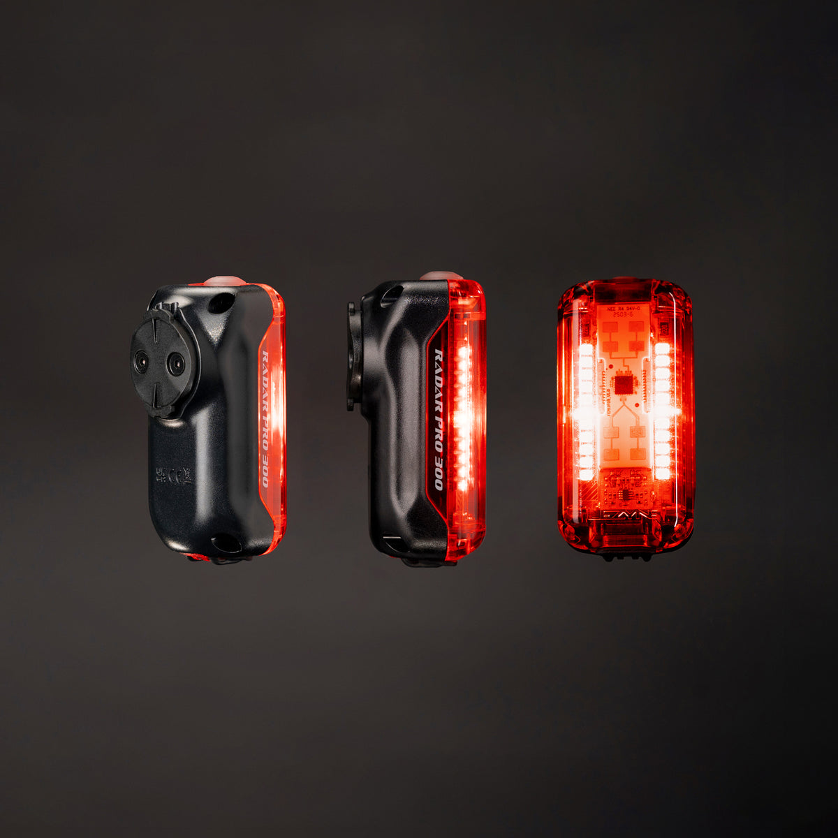 3 different angles of the sleek Radar Pro 300 taillight illuminated, showcasing its modern shape and high-visibility LED output.
