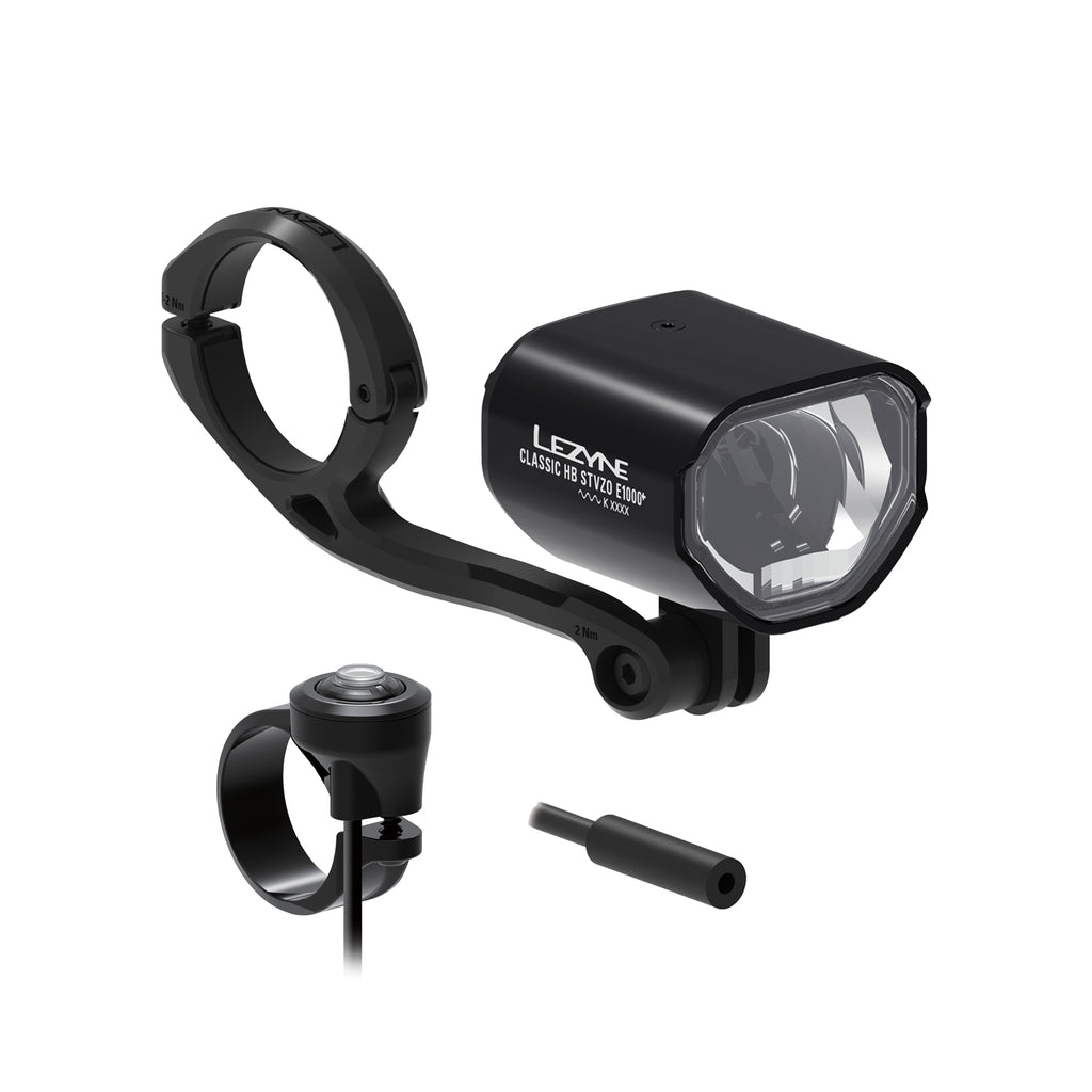 Lezyne E-BIKE CLASSIC HB StVZO E1000+ LED front bike light with remote handlebar switch, allowing effortless beam control for enhanced safety and convenience.