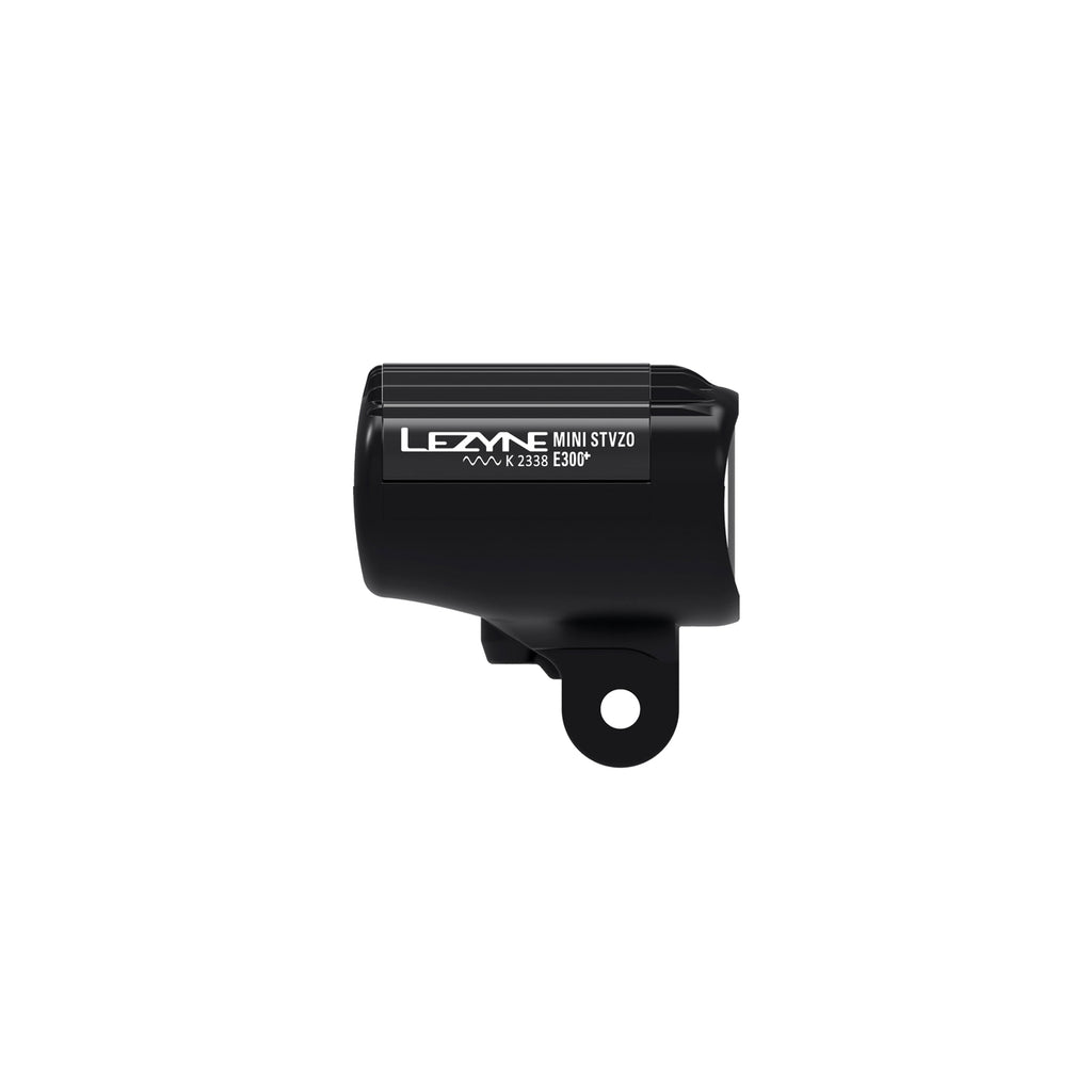 Side profile of the Lezyne E-BIKE MINI StVZO E300+ LED front bike light, showcasing its sleek, low-profile design with an integrated machined aluminum top plate.