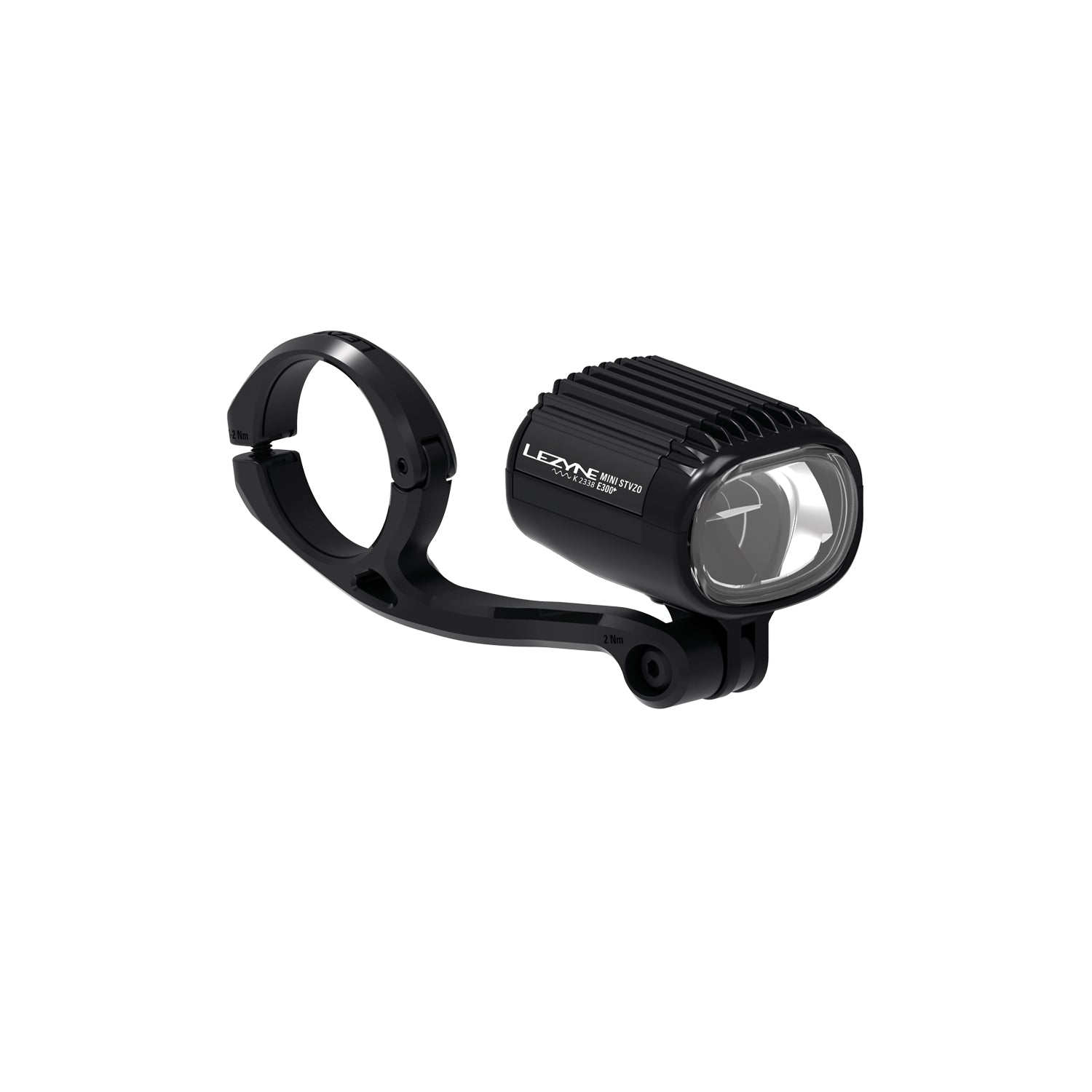 Lezyne E-BIKE MINI StVZO E300+ LED front bike light with forward center mount, offering a secure and optimized position for improved road visibility.