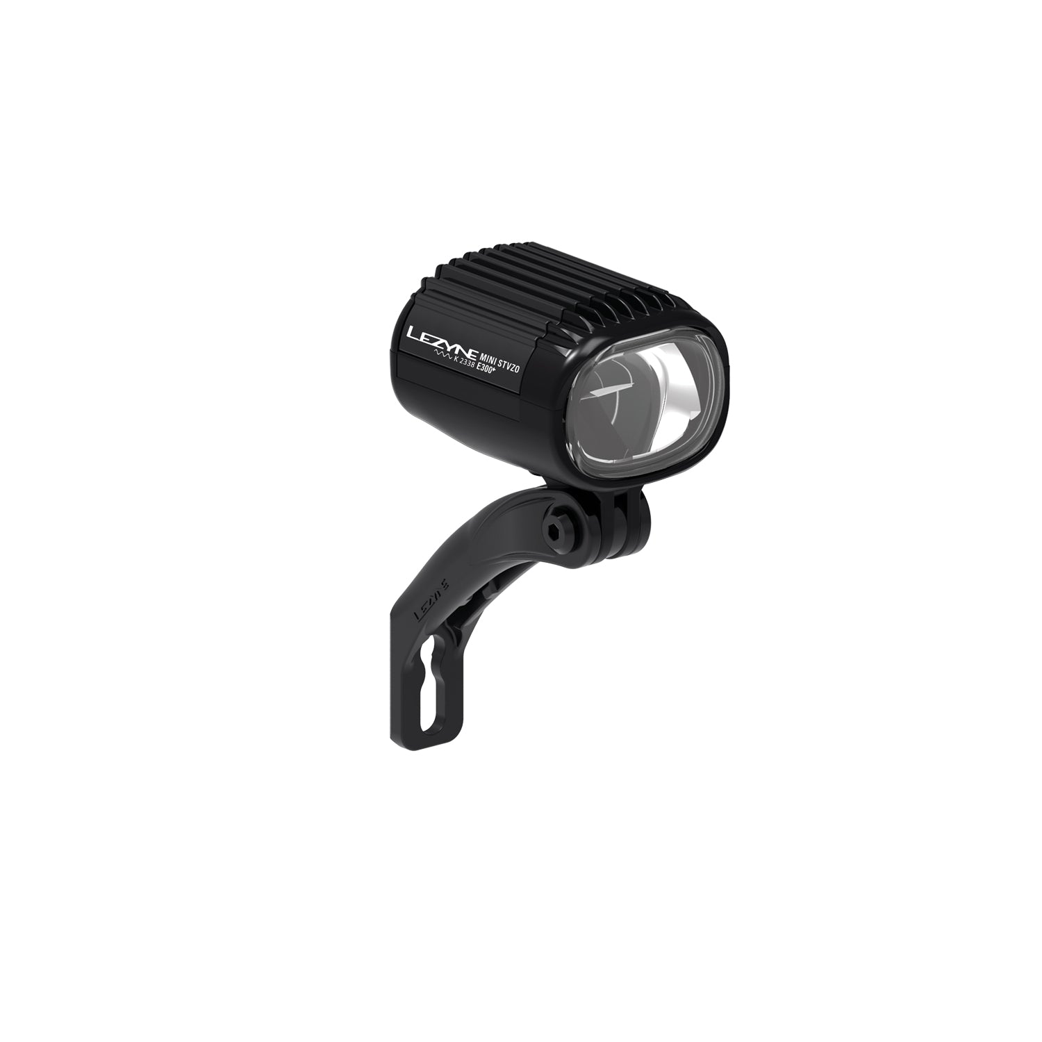 Lezyne E-BIKE MINI StVZO E300+ LED front bike light with Composite Matrix fork mount, featuring stealth wire integration for a clean and seamless e-bike setup.