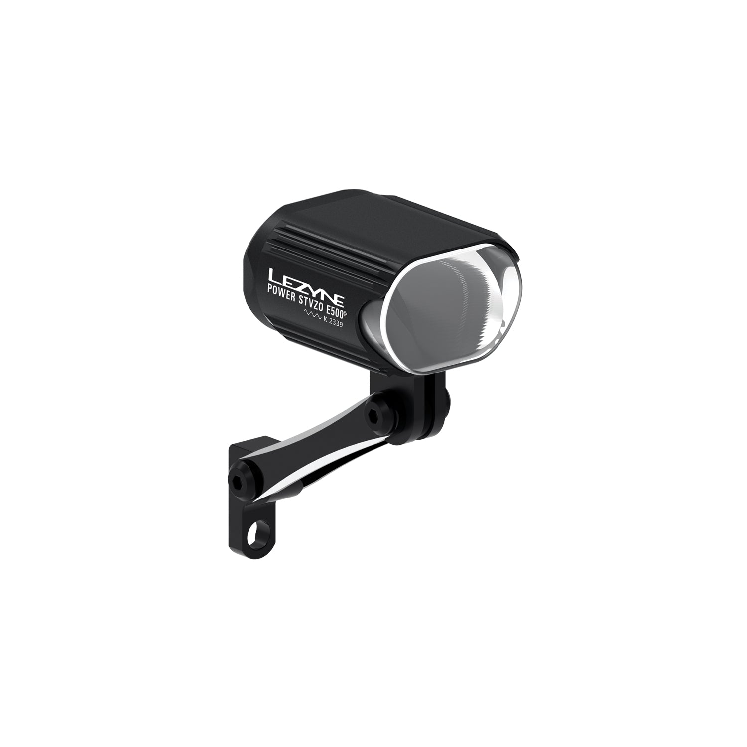 Lezyne E-BIKE POWER StVZO E500+ LED front bike light with CNC aluminum fork mount, designed for stability and precise positioning on e-bikes.