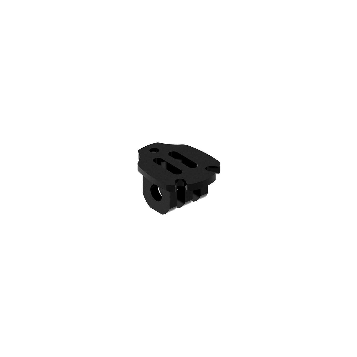 Aluminum GoPro mount adapter for Flexi Aero Mount and Flexi Forward Mount, CNC-machined studio rendering on white background.