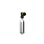 CO2 chuck of the Pocket Drive CO2 being threaded onto a CO2 cartridge, highlighting secure connection for fast, controlled inflation. Presta valve and Schrader valve compatible.