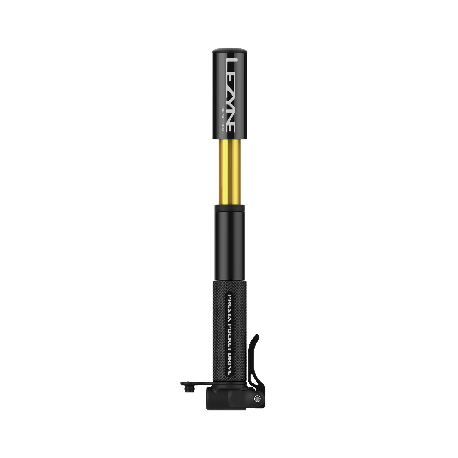 Close-up of the Presta Pocket Drive bike hand pump, showcasing the knurled barrel and precision-machined aluminum finish.