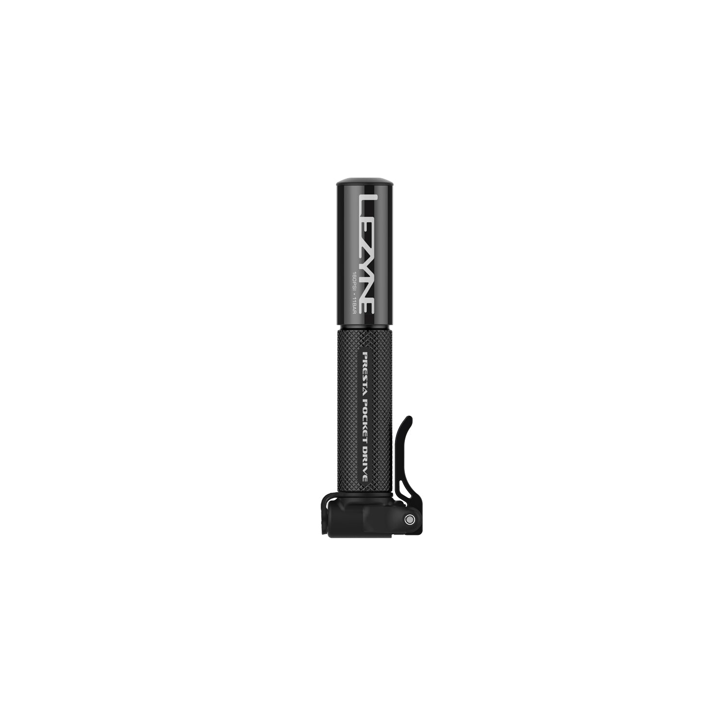 Presta Pocket Drive bike hand pump highlighting its sleek, compact aluminum design against a white background.