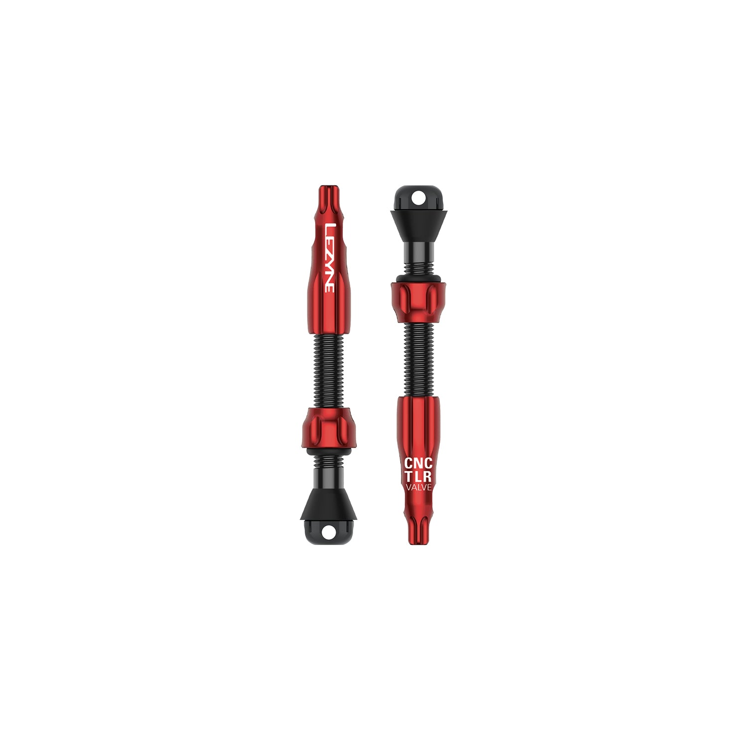 Red CNC TLR VALVE PRO 44mm tubeless Presta valve with lightweight CNC aluminum, 4-slot airflow, and T25 tool cap for optimal sealing.