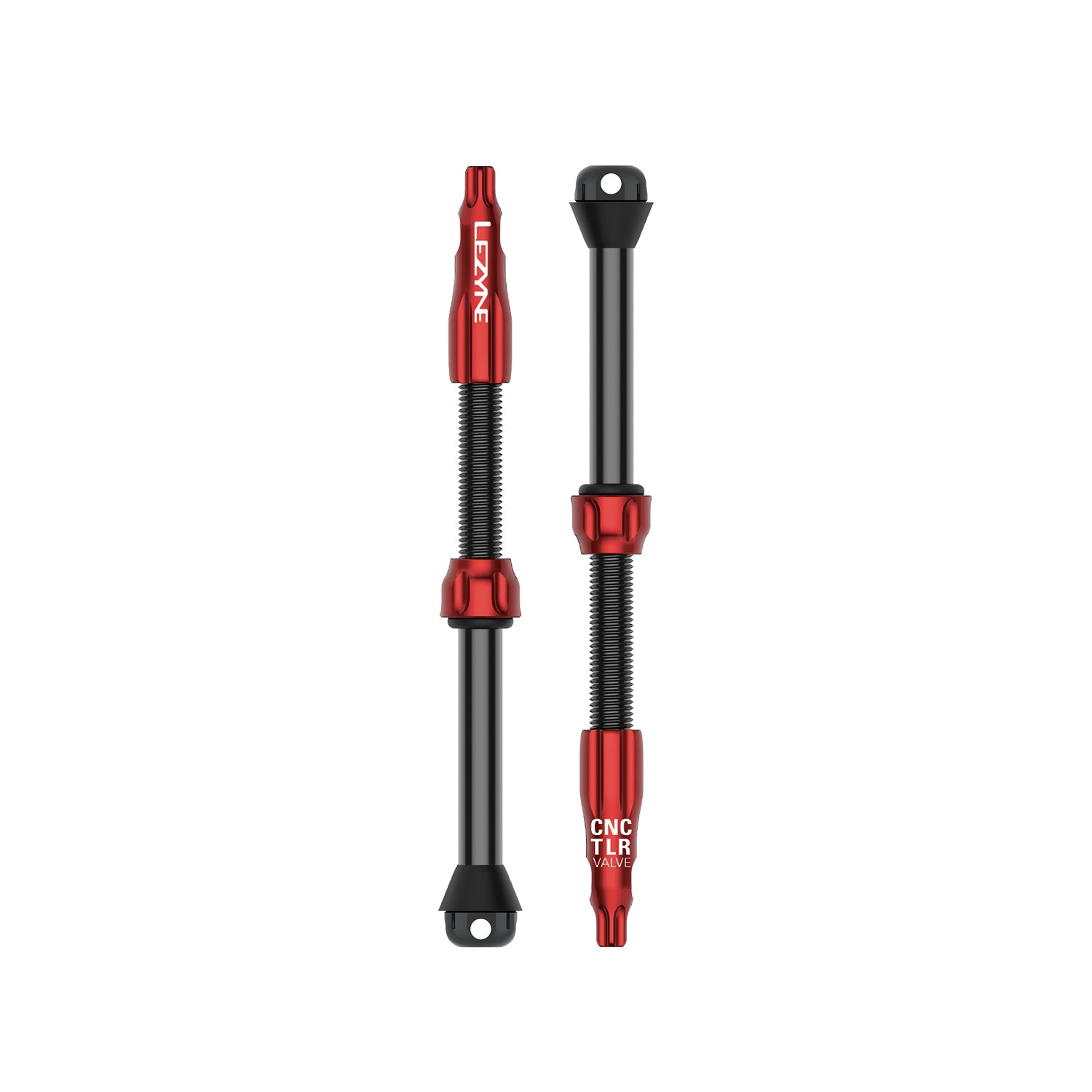 Red CNC TLR VALVE PRO 80mm tubeless Presta valve with slim base design, T25 cap tool, and optimized airflow for deep-section road wheels.