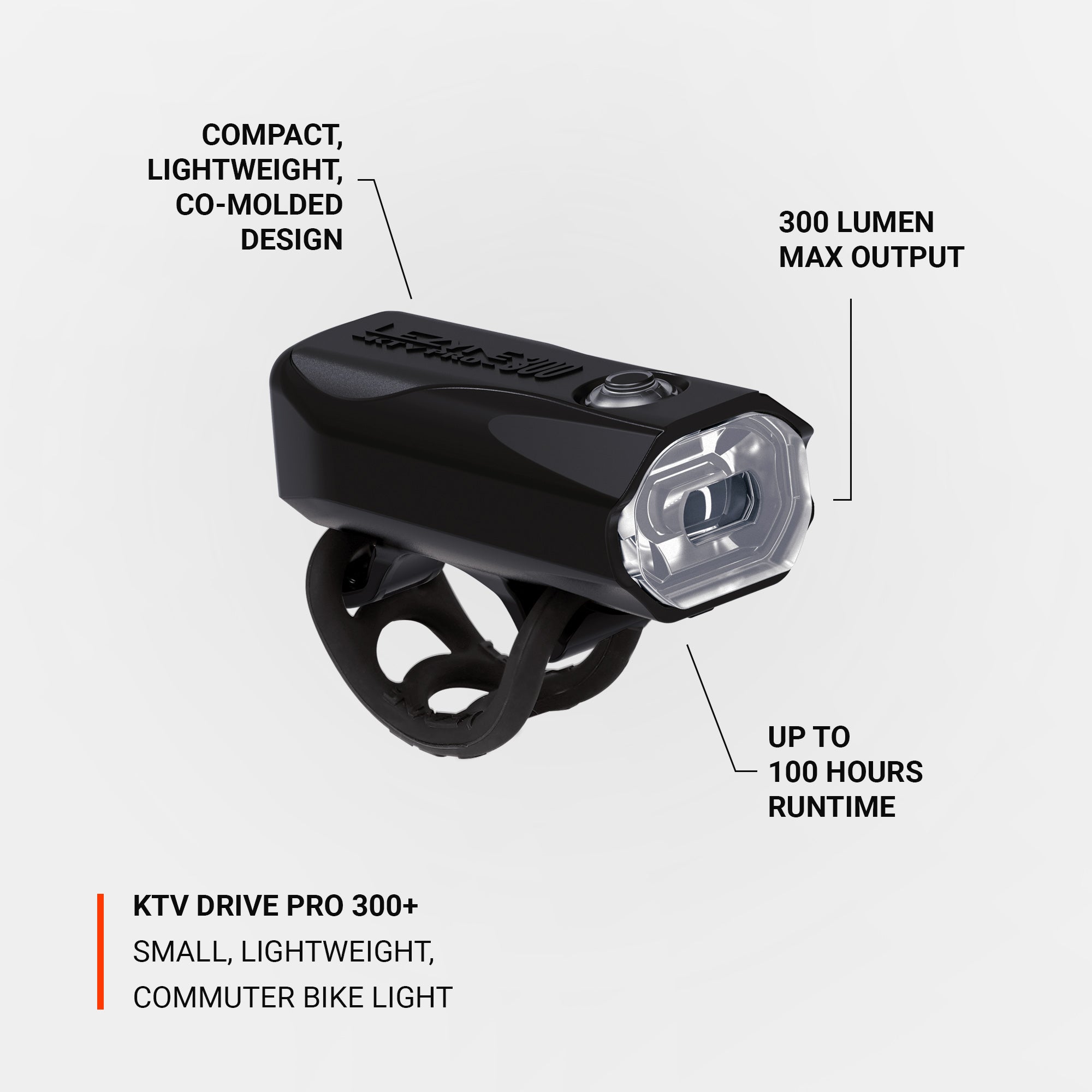 Lezyne KTV Drive Pro 300+ LED front bicycle light to see featuring lightweight co-molded design, 300 lumens output, and up to 100-hour runtime.