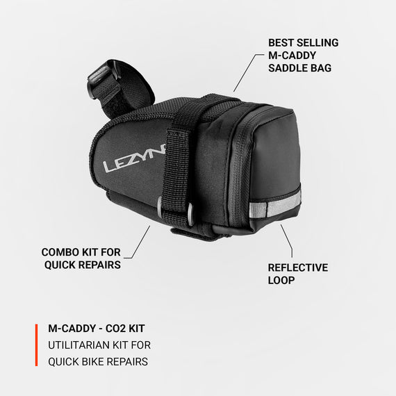 Lezyne M Caddy CO2 Kit is our best selling saddle bag and complete tire repair kit