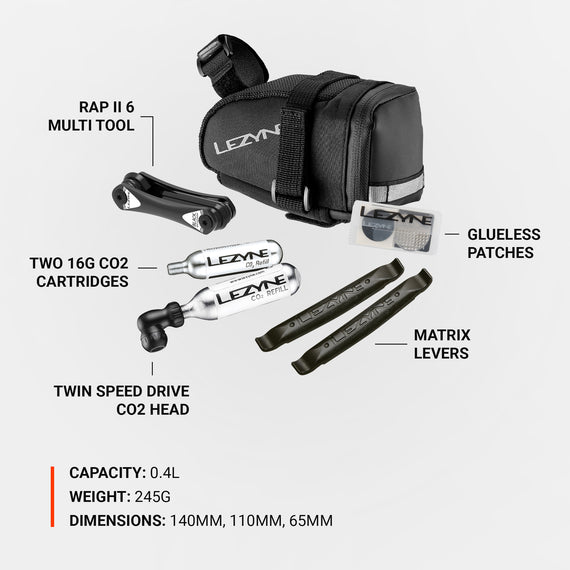 Lezyne M Caddy CO2 Kit is our best selling saddle bag and complete tire repair kit