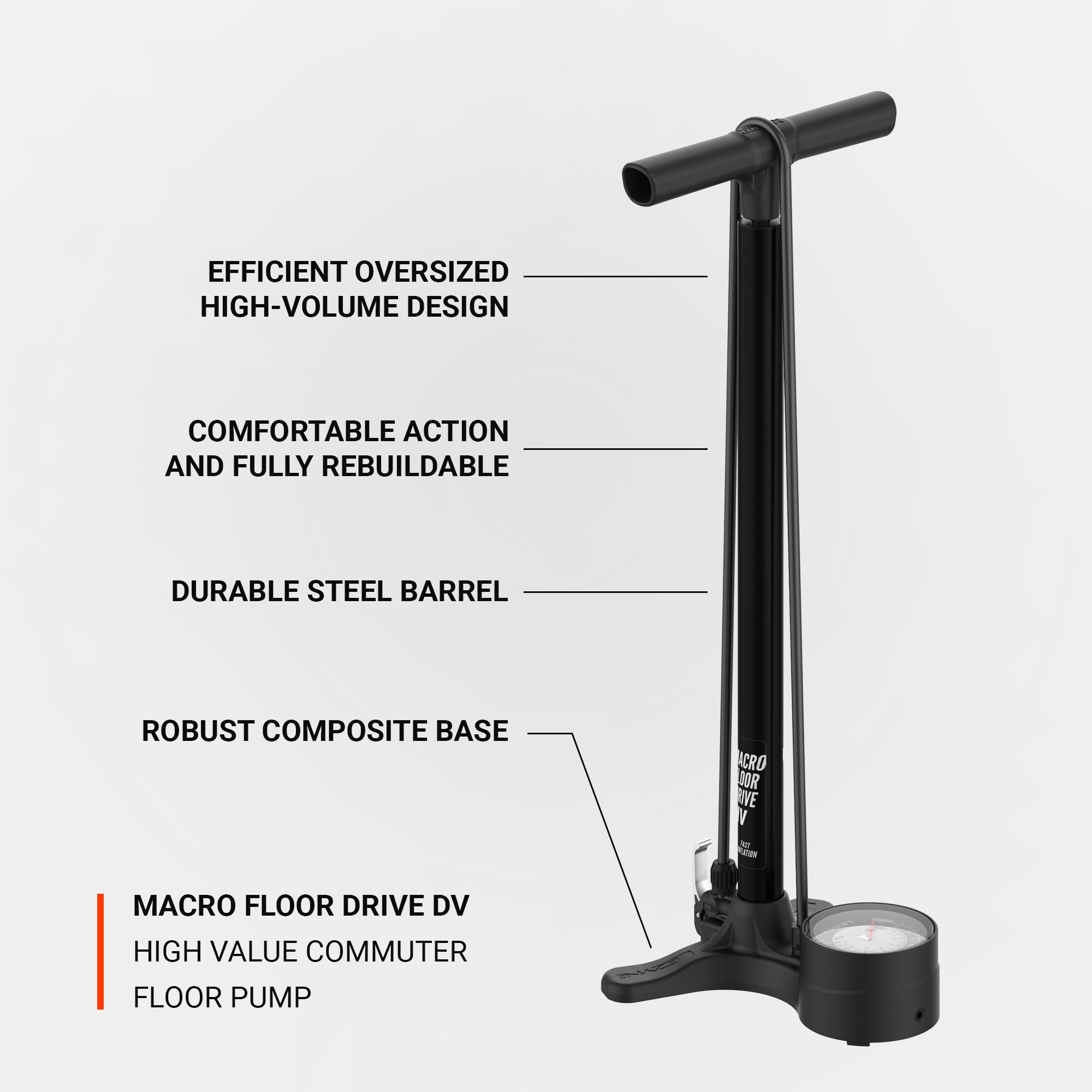 Lezyne Macro Floor Drive floor pump with DV head and durable steel barrel.