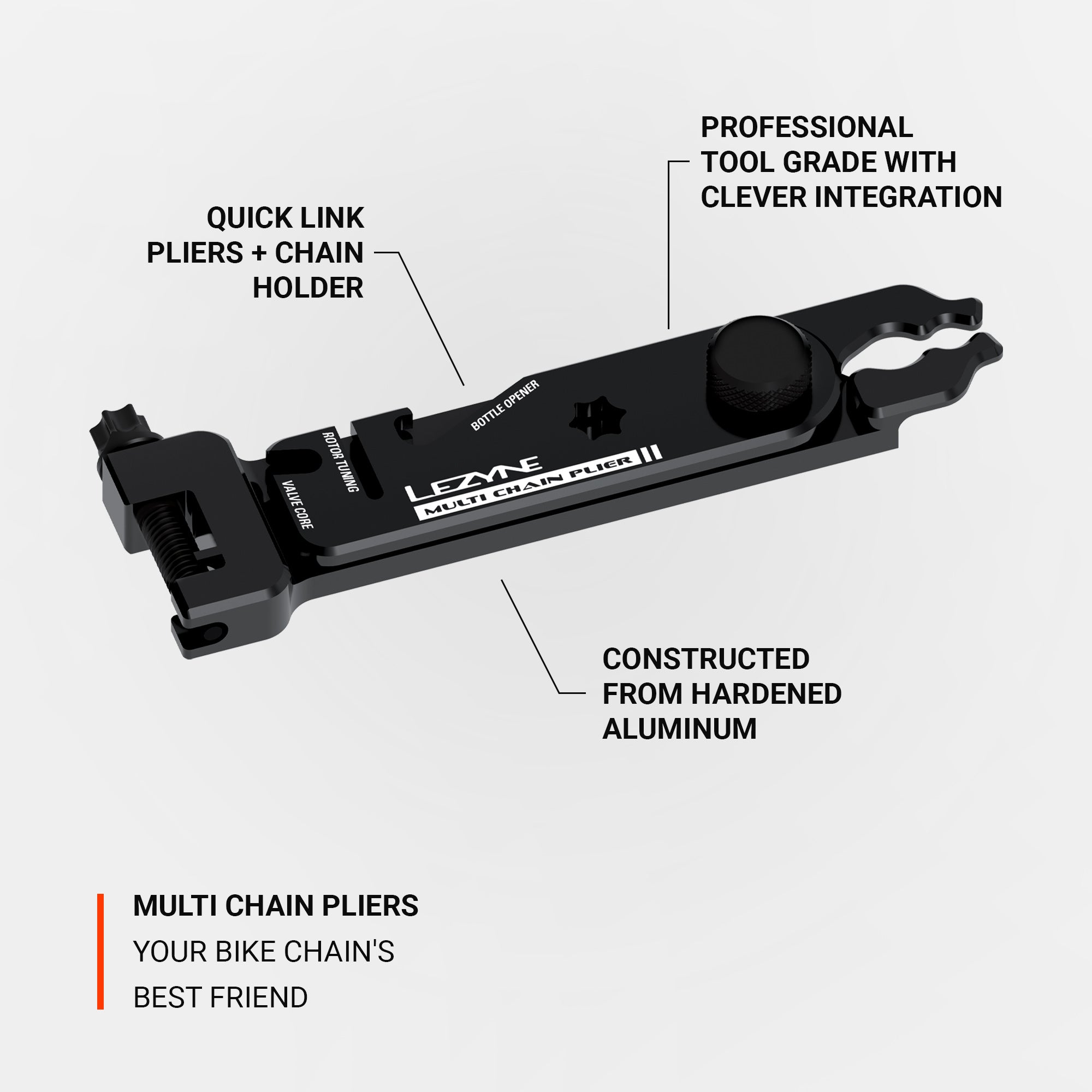 Lezyne Multi Chain Pliers with ergonomic design and magnetic quick-link storage for on-the-go bike repairs.