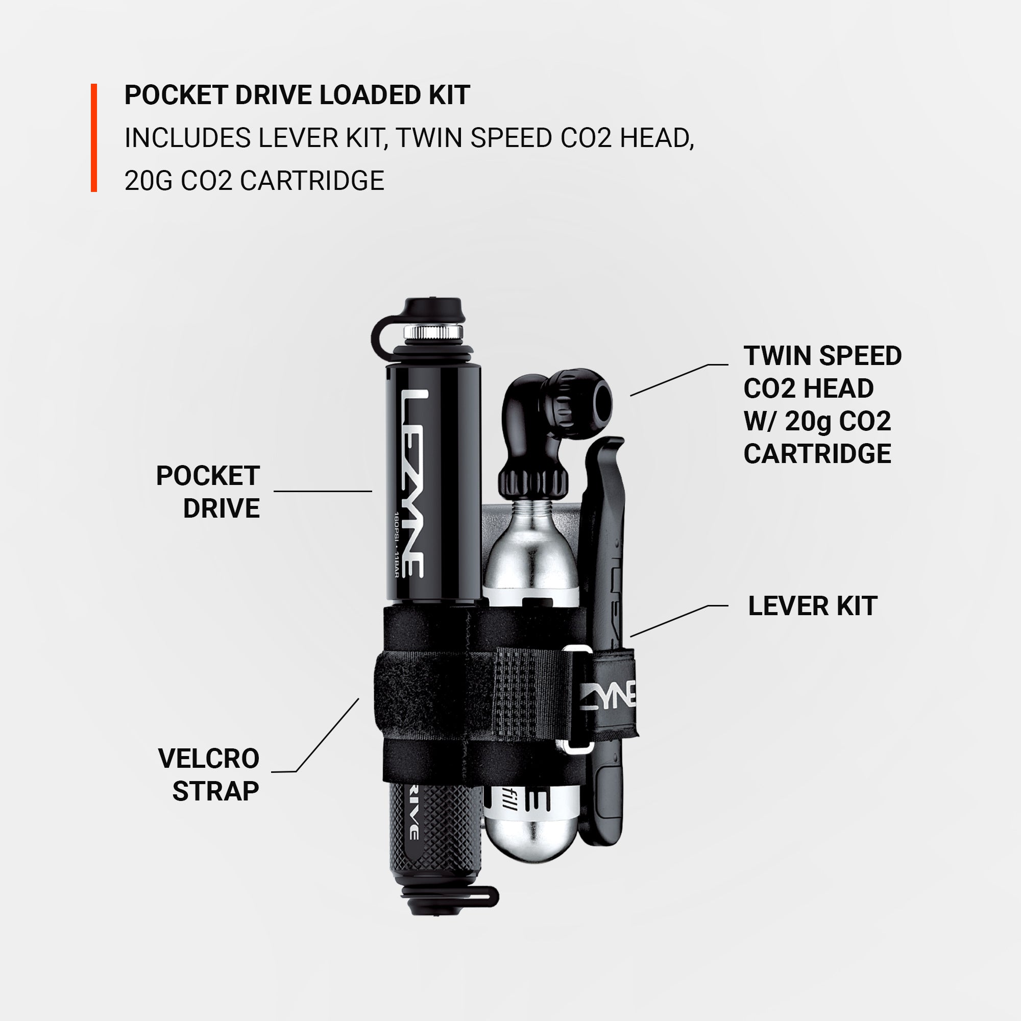 Lezyne Pocket Drive Loaded Kit with tire lever kit, CO2 head, CO2 cartridge and bike mini pump, perfect for road and gravel bike repairs.