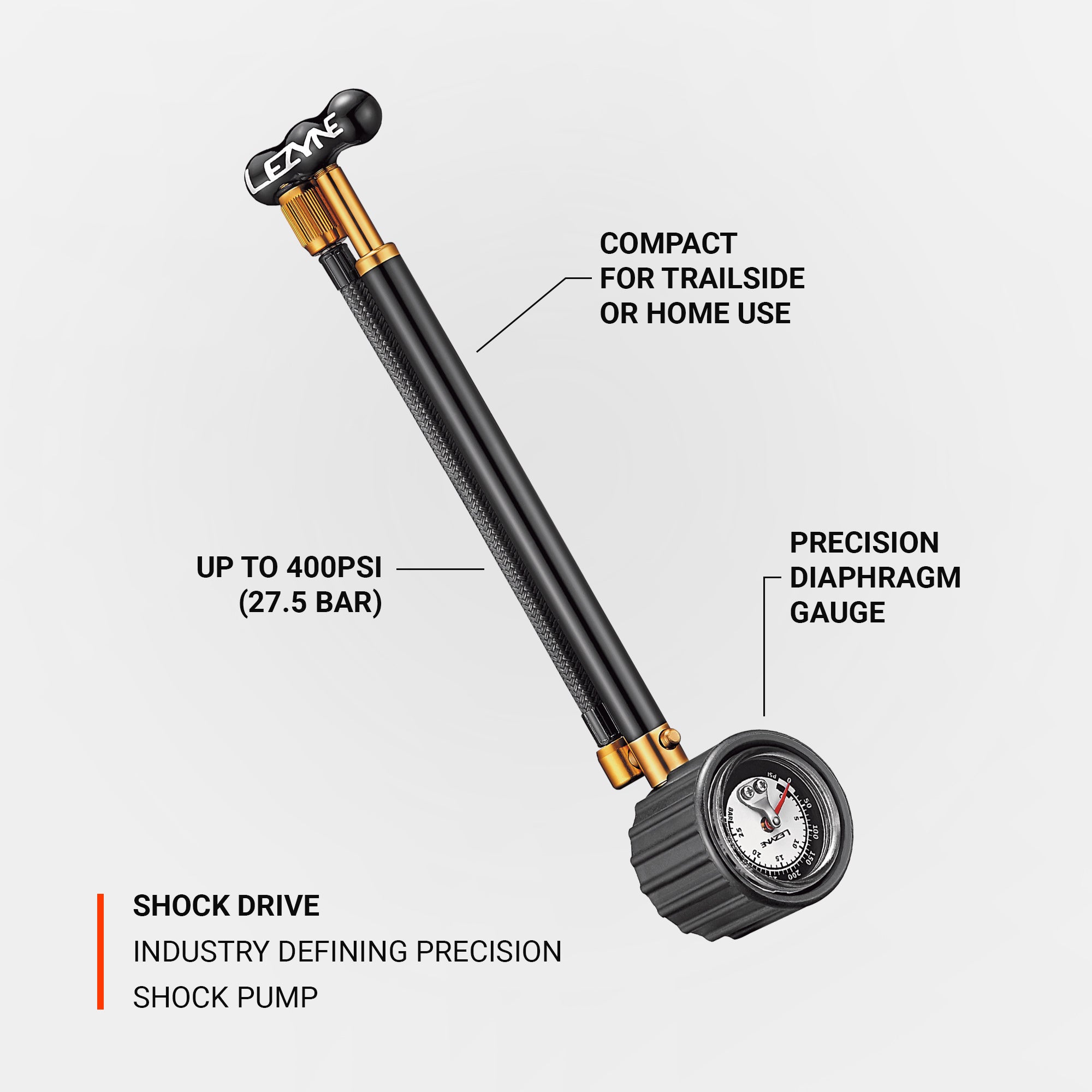 Lezyne Shock Drive shock pump, up to 400psi / 27.5 BAR, compact for home or trailside use.