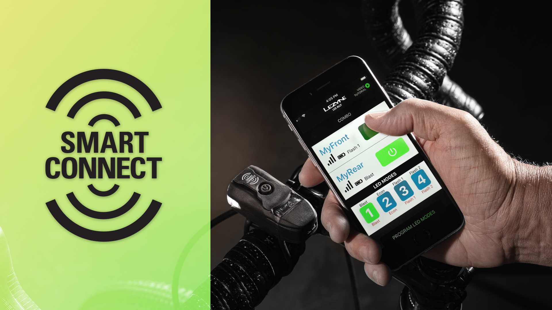 A large Smart Connect logo on the left with a person holding a smart phone in their hand over a bicycle with a light mounted on the handlebars. the phone app shows the smart connect app on the screen with 2 connected lights and 4 light modes. The person is turning off the light with the phone app.