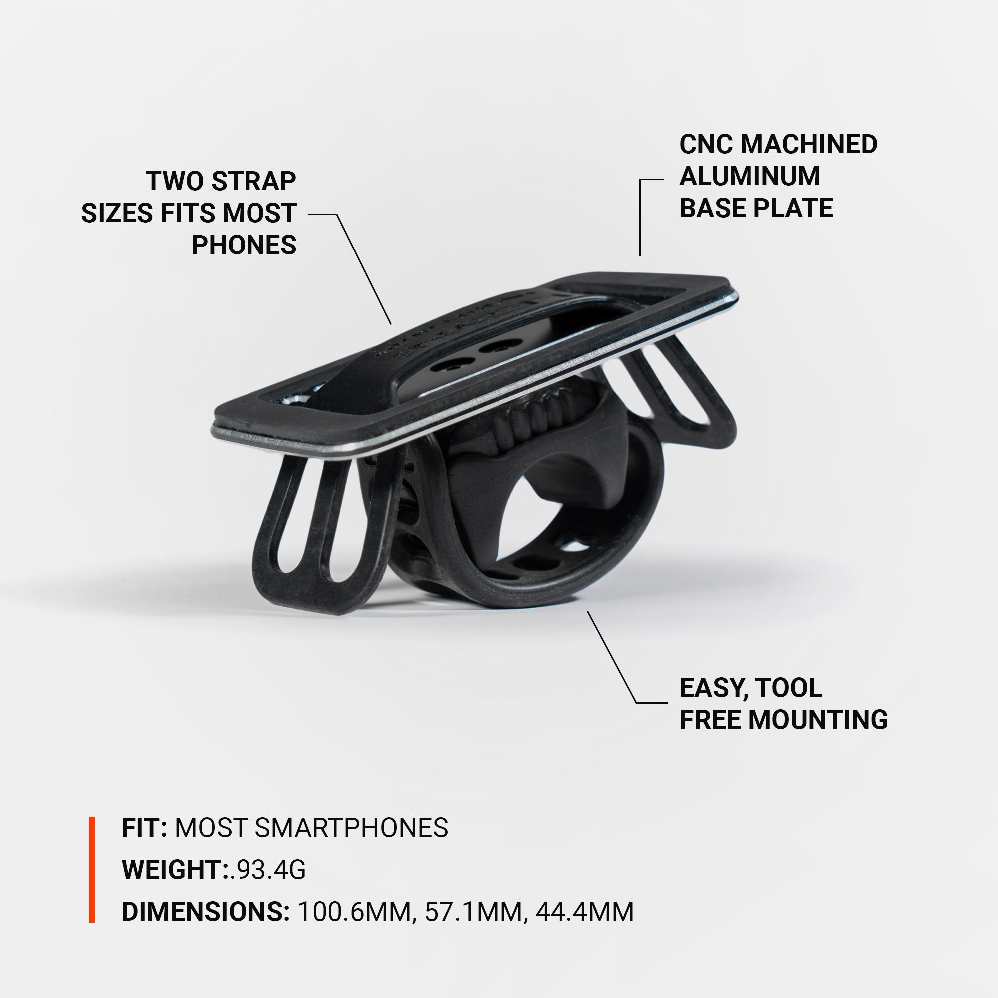 Lezyne Smart Grip Phone Mount for bicycles with two strap sizes, CNC-machined aluminum base plate, and tool-free installation for most smartphones.