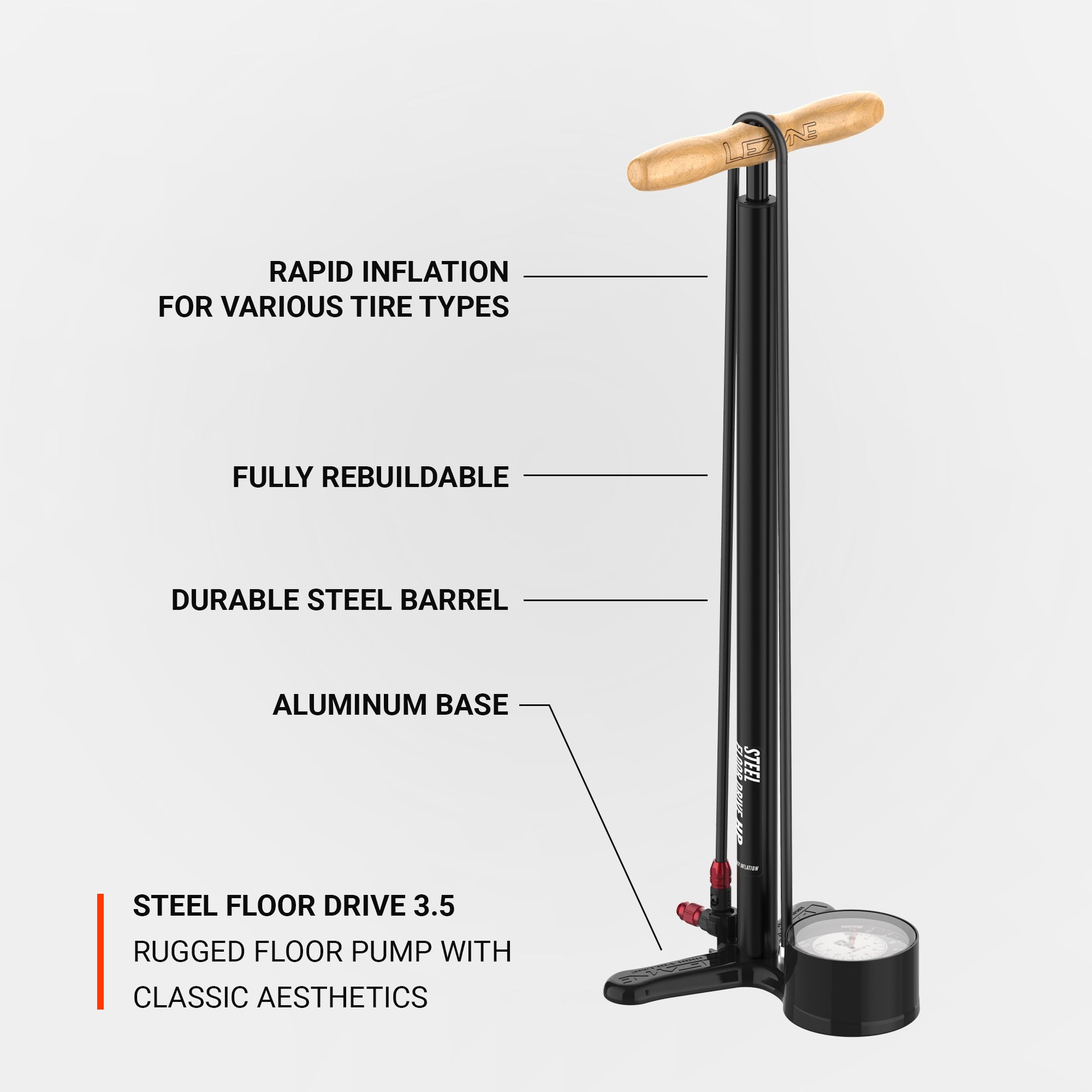 Lezyne Steel Floor Drive 3.5 bike floor pump, designed with an aluminum base, durable steel barrel, and oversized analog gauge.