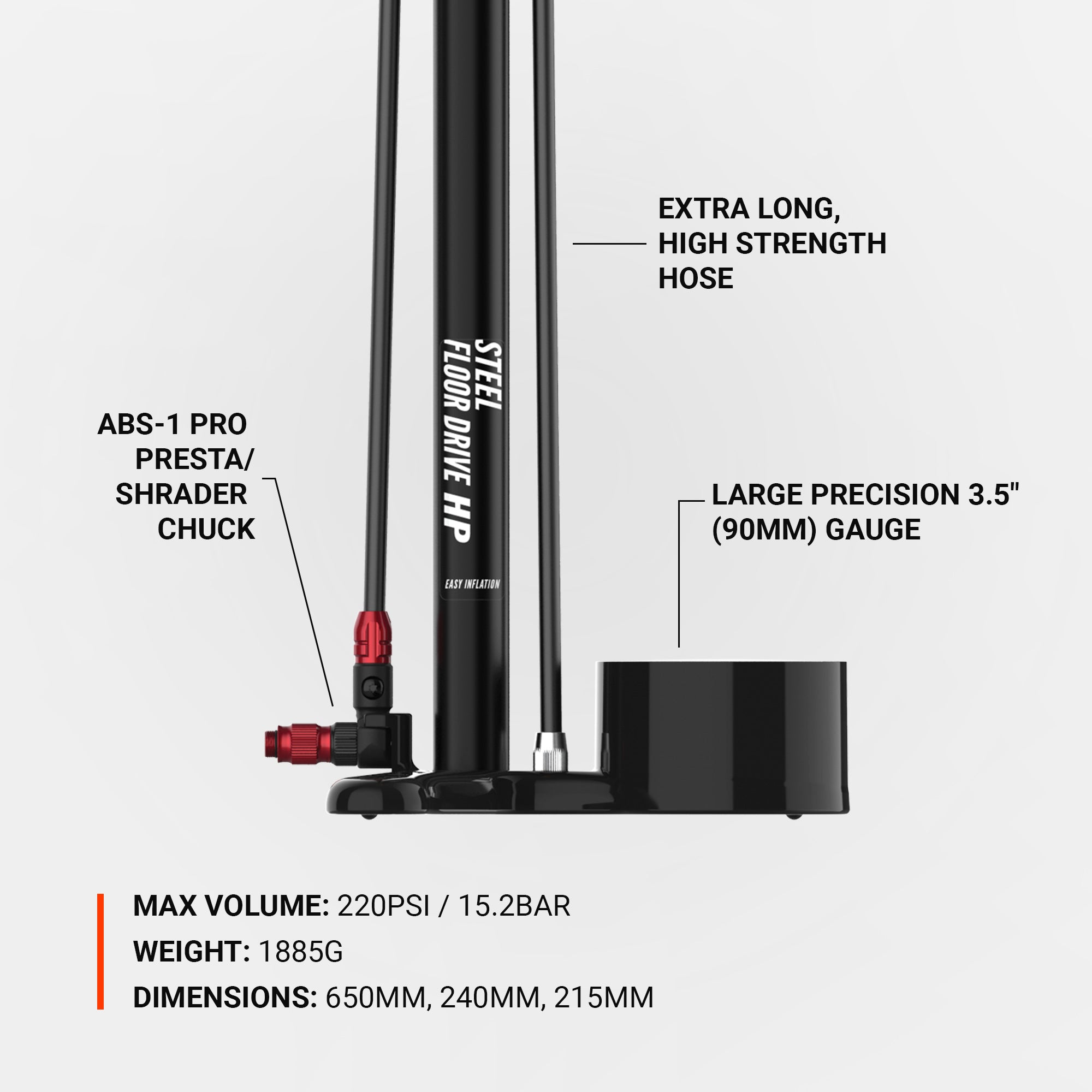 Lezyne Steel Floor Drive, high pressure floor pump with extra long, high strength hose.