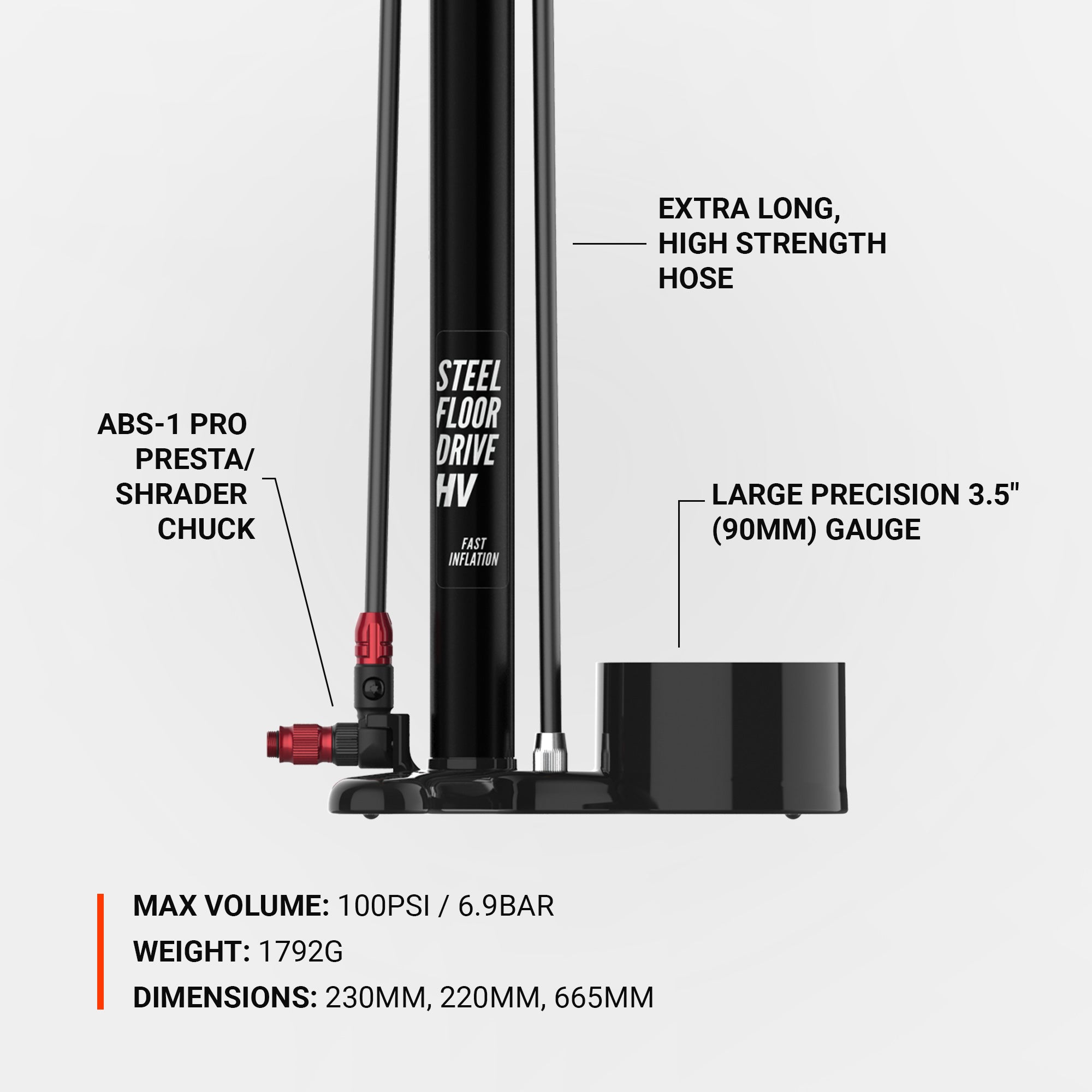 Lezyne Steel HV Floor Drive 3.5: ABS-1 Pro Presta/Shrader Chuck, extra-long hose, and large precision gauge for accurate and effortless bike tire inflation.