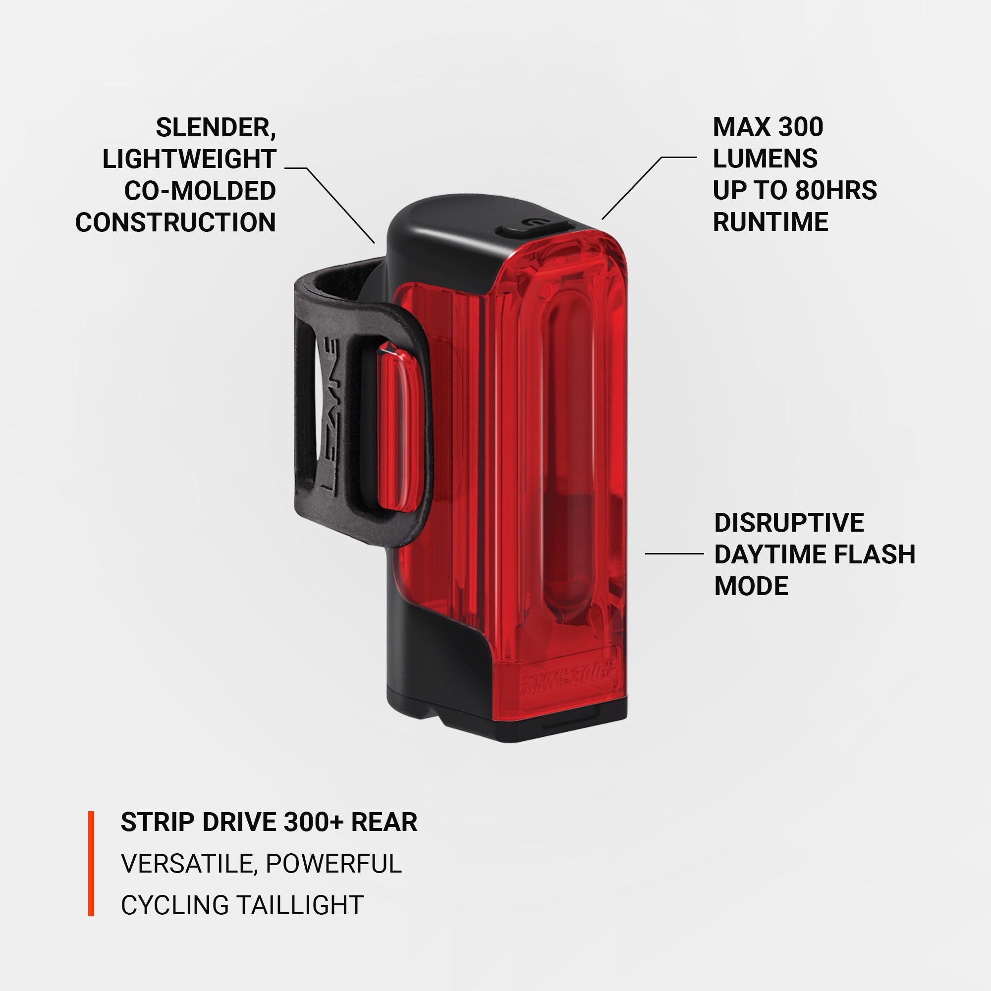 Lezyne Strip Drive 300+ rear bike light with bright 300 lumen output.