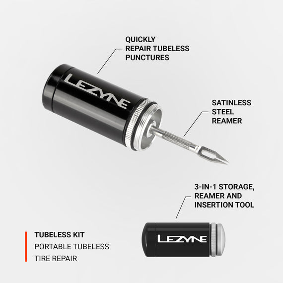 Lezyne Tubeless Kit, portable tubeless tire repair kit. Quickly repair tubeless punctures.