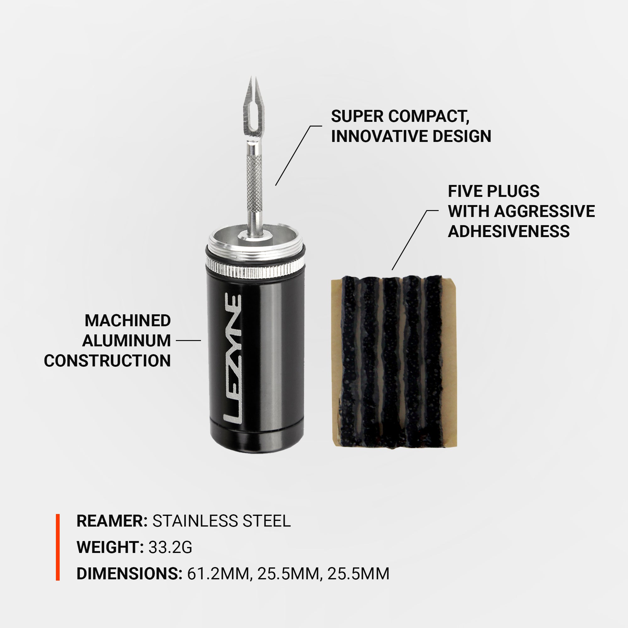 Lezyne Tubeless Kit, portable tubeless tire repair kit with 5 tire plug strips and stainless steel reamer.