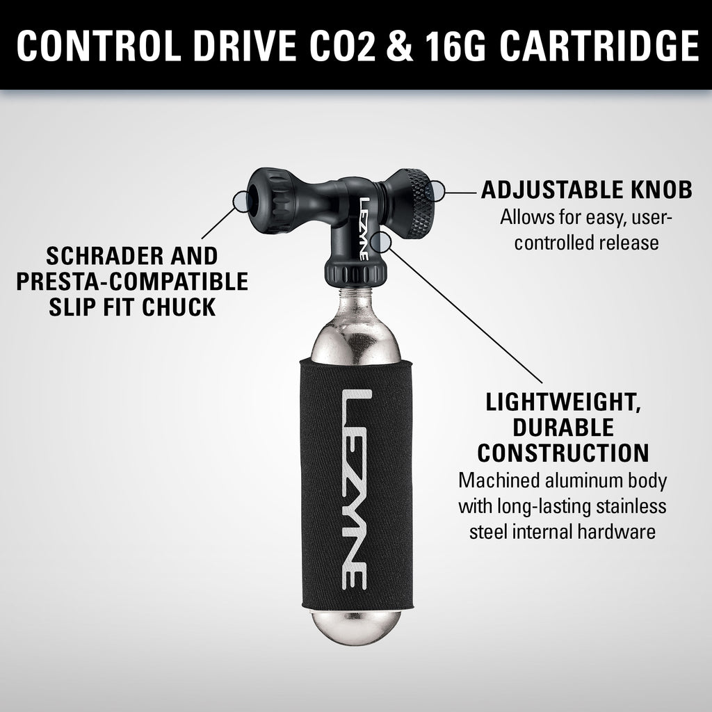 Close-up of Control Drive CO2 inflator showing knurled twist knob, aluminum body, and Twin Slip Chuck head for Presta and Schrader valves.