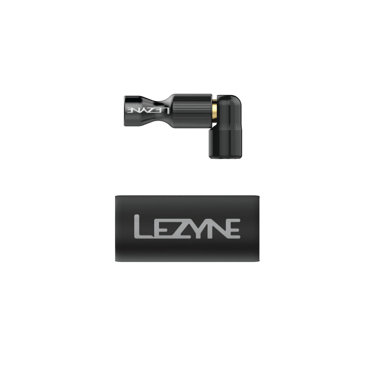 Trigger Drive CO2 inflator head in black, compact CNC-machined aluminum design for Presta and Schrader valve compatibility.