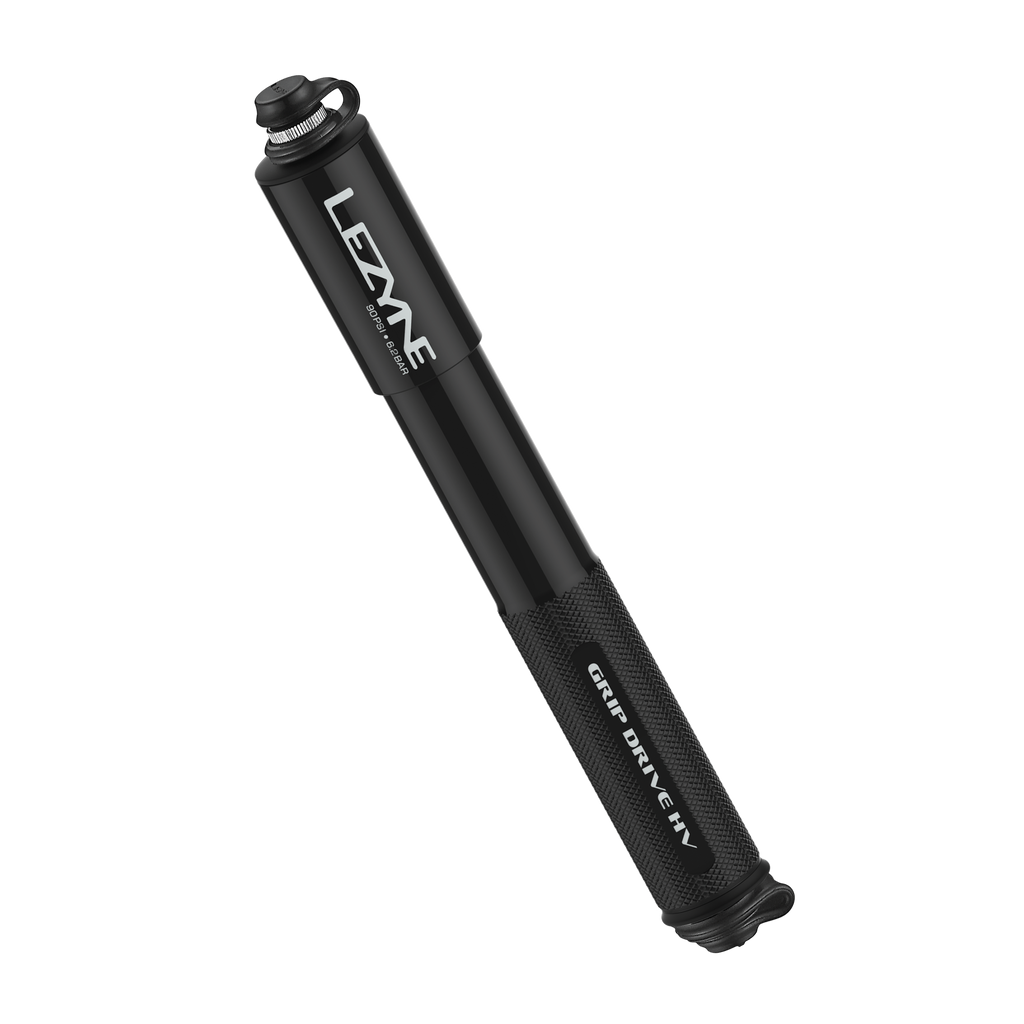 Ergonomic Grip Drive HV bike hand pump by Lezyne with knurled aluminum barrel and integrated ABS Flex Hose for easy inflation. Black color option.