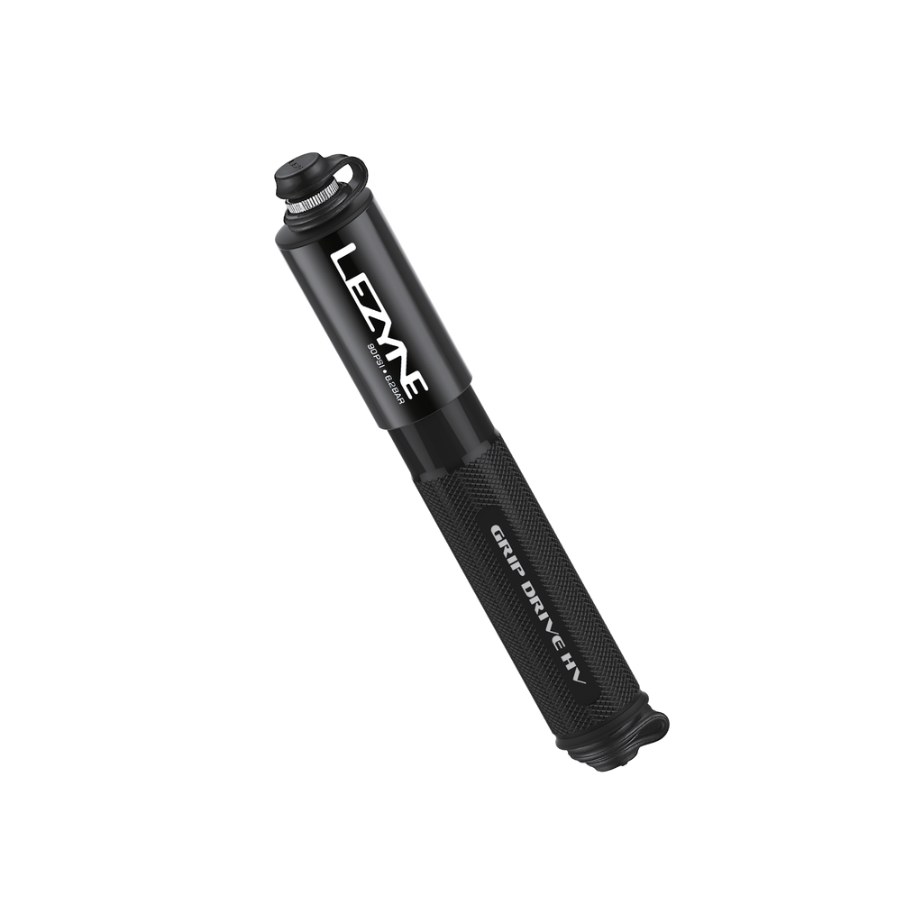 Lezyne Grip Drive HV ergonomic mini bike pump with knurled aluminum barrel, Presta/Schrader compatibility, and lightweight design.