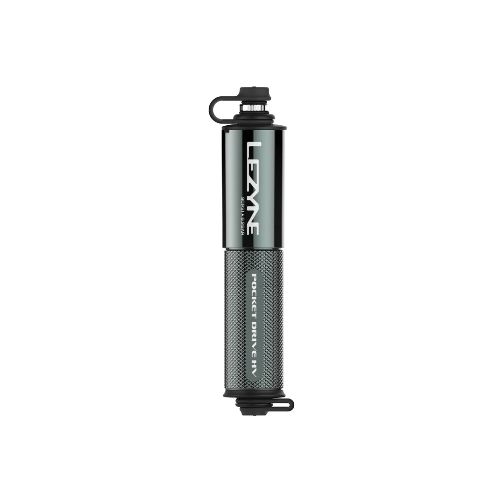 Lezyne Pocket Drive HV. Compact high volume hand pump standing upright in lite grey.