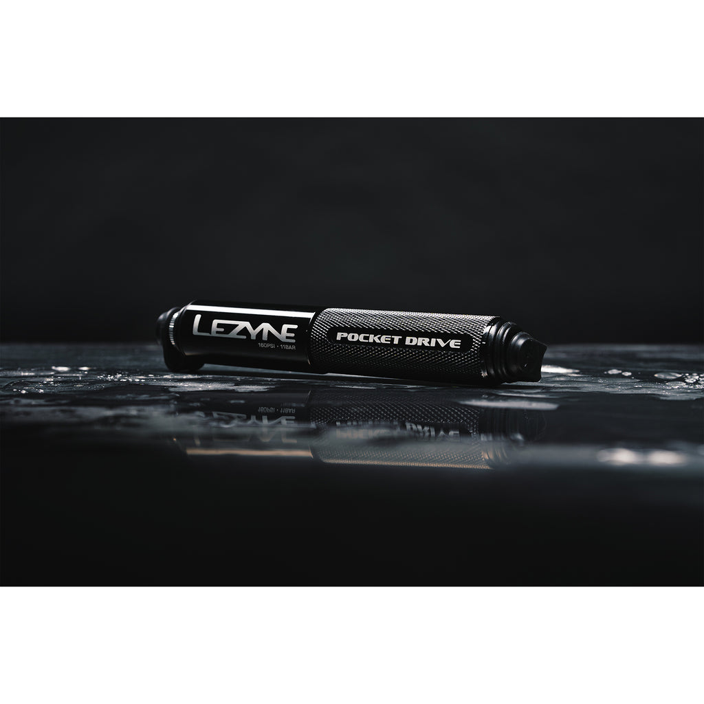 Lezyne Pocket Drive bike hand pump, compact and efficient with Presta and Schrader compatibility, fully rebuildable for long-lasting use.
