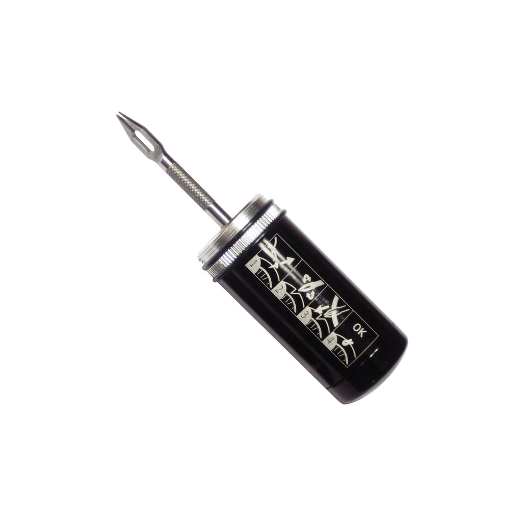 Lezyne Tubeless repair kit with reamer and instructions printed on the side of the aluminum case. Bike Tire Repair Kit perfect for fixing punctured mountain bike tires.