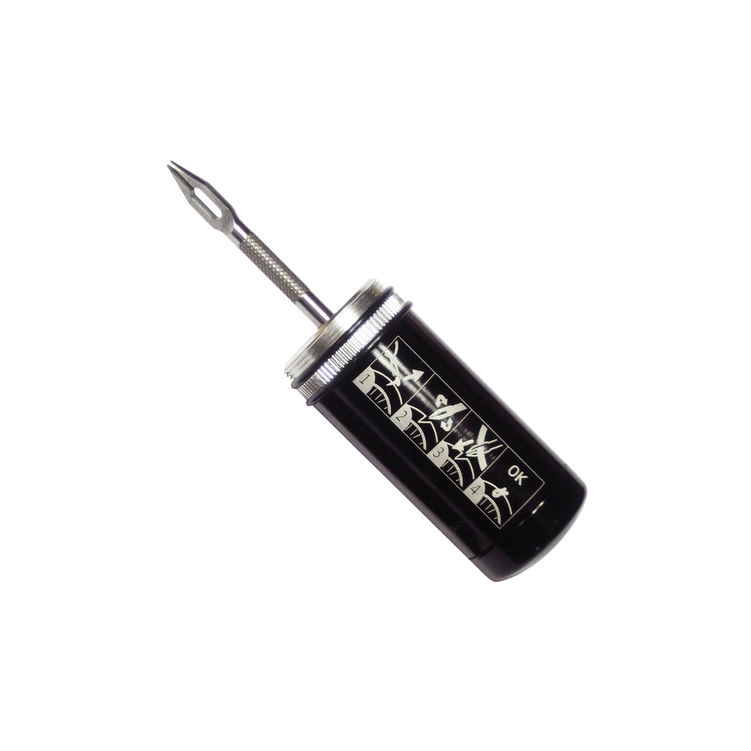 Lezyne Tubeless repair kit with reamer and instructions printed on the side of the aluminum case. Bike Tire Repair Kit perfect for fixing punctured mountain bike tires.